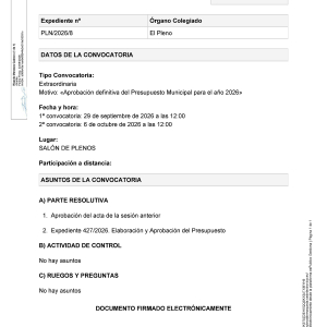 Convocatoria a Pleno sesión extraordinaria, martes 29 de septiembre a las 12:00h